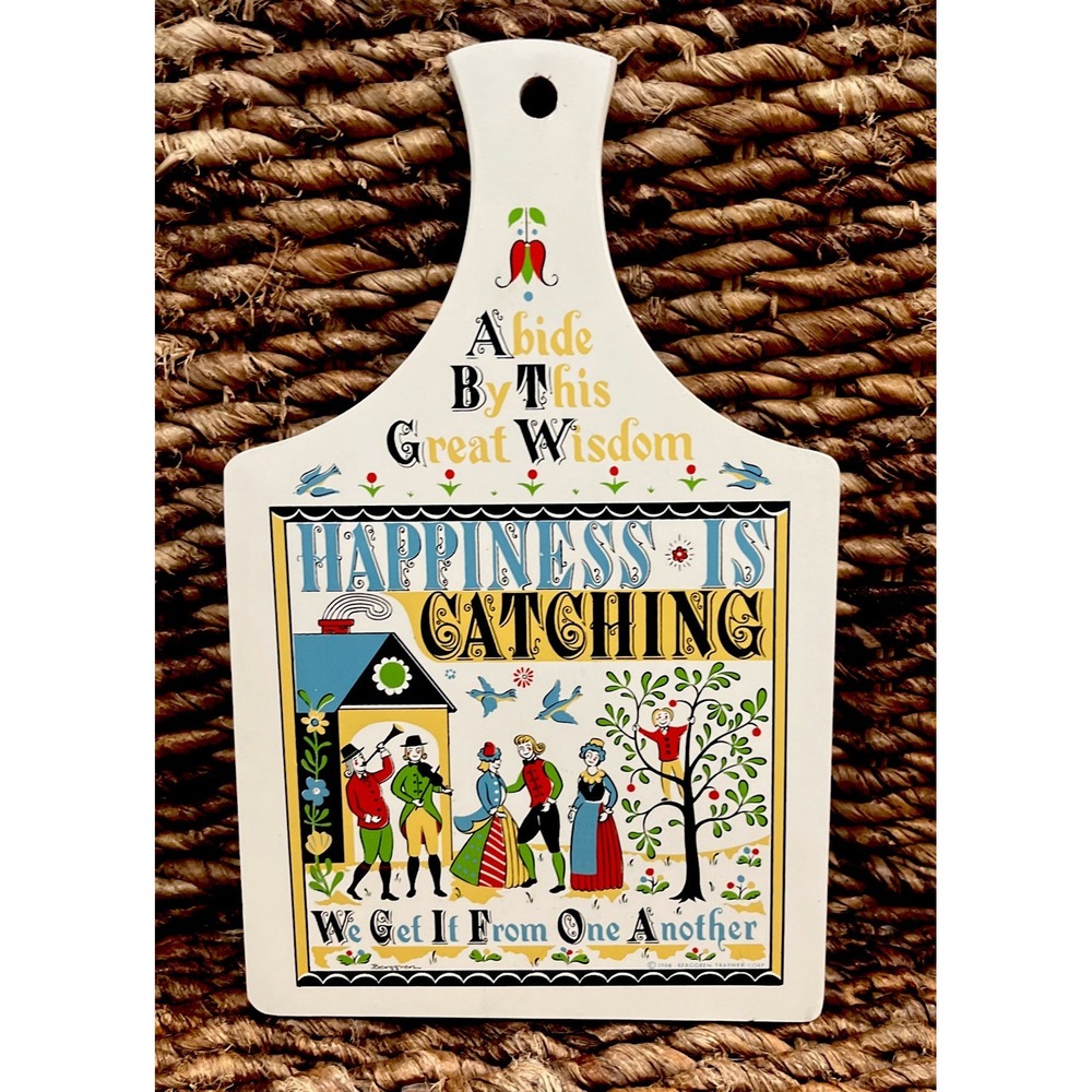 Vintage "Happiness is Catching" 1965 Berggren Trayner Folk Art Wood Wall Plaque